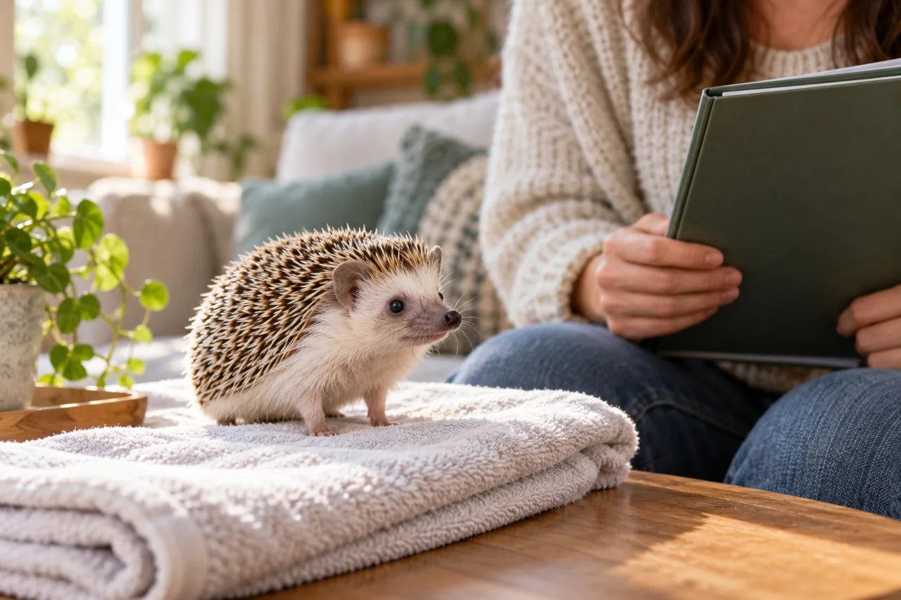 Hedgehog standing on a folded towel beside an owner holding a folder